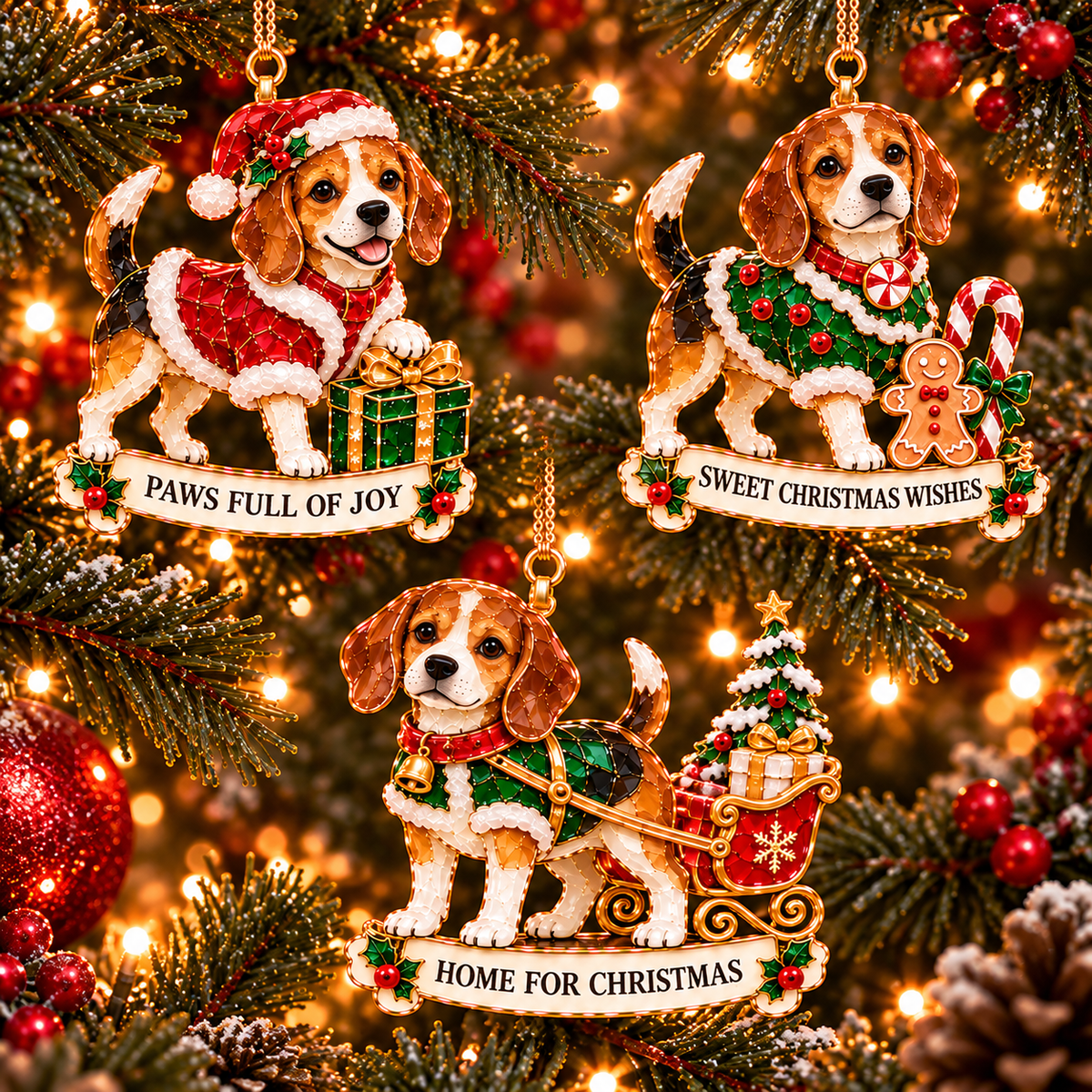 2026 Beagle Christmas Ornament Gift Set – 6 Festive Designs with Stained Glass Style & Heartwarming Wishes