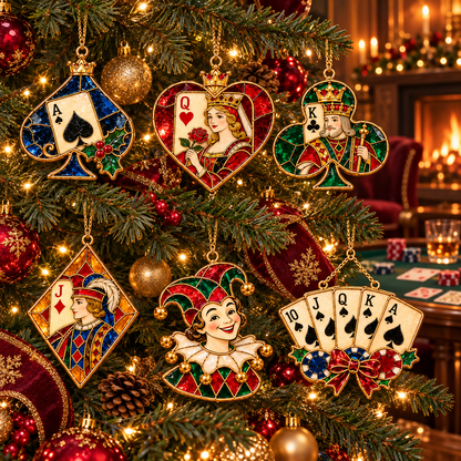 ✨ 2026 Vintage Stained Glass Playing Card Christmas Ornaments – Set of 6 |  Poker Ace, Queen, King, Jack & Joker Hanging Decorations | Casino & Card Game Christmas Tree Ornaments | Unique Gifts for Poker Lovers