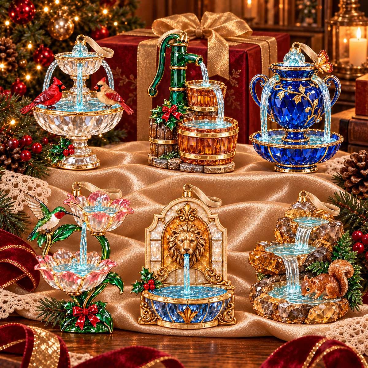 Vintage Crystal Fountain Christmas Ornaments – 6-Piece Enchanted Water Fountain Collection | Elegant Holiday Decorations & Unique Christmas Gifts 🎄✨