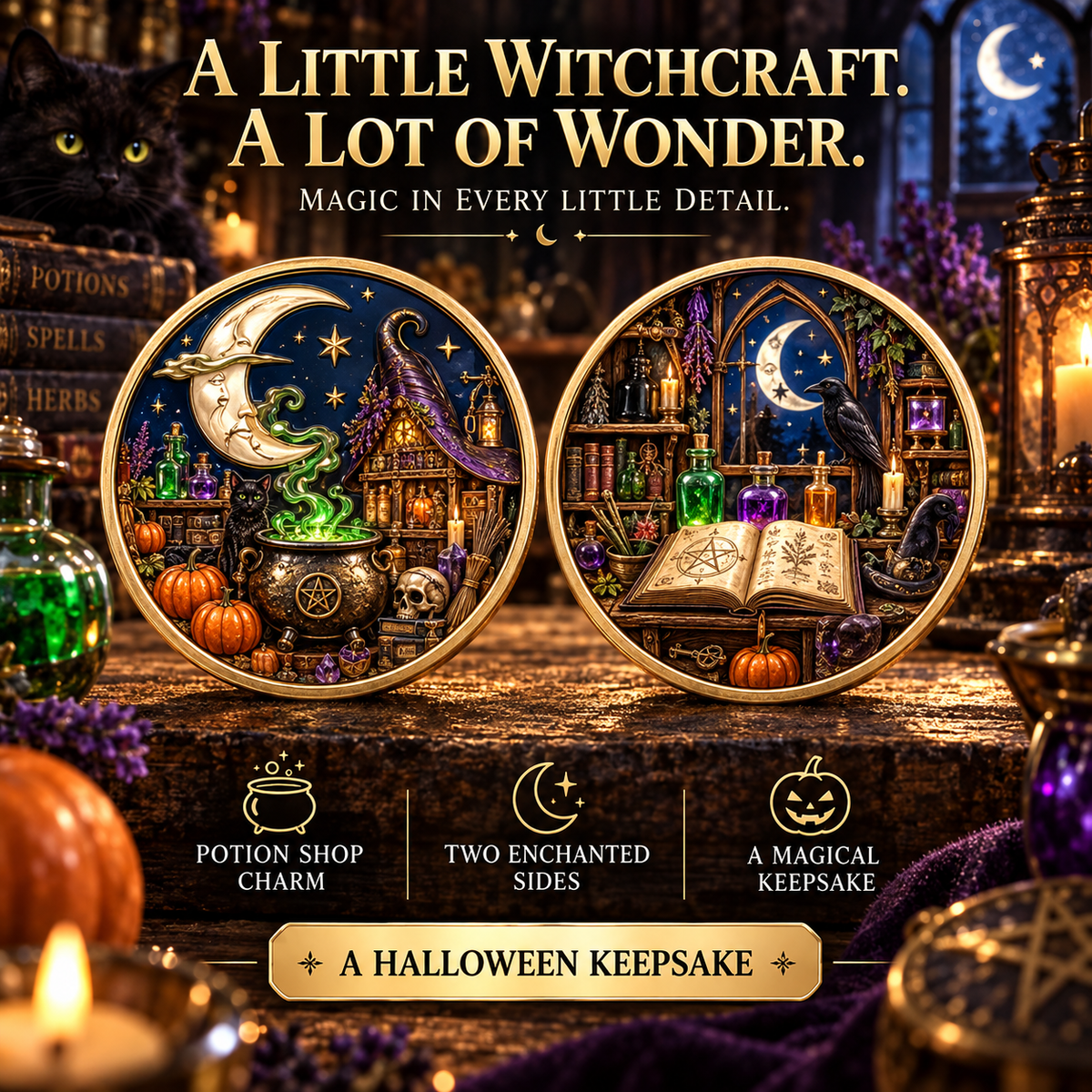 2026 Enchanted Halloween Collectible Coins – 8 Double-Sided Designs with Witches, Ghosts & Moonlit Villages