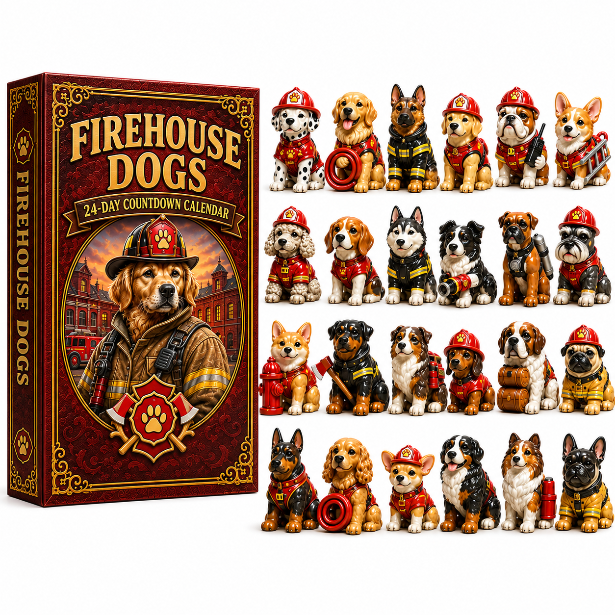 2026 Firehouse Dogs 24-Day Christmas Countdown Calendar – 24 Unique Firefighter Dog Miniatures, Heroic Canine Collector’s Gift for Dog & Firefighter Lovers