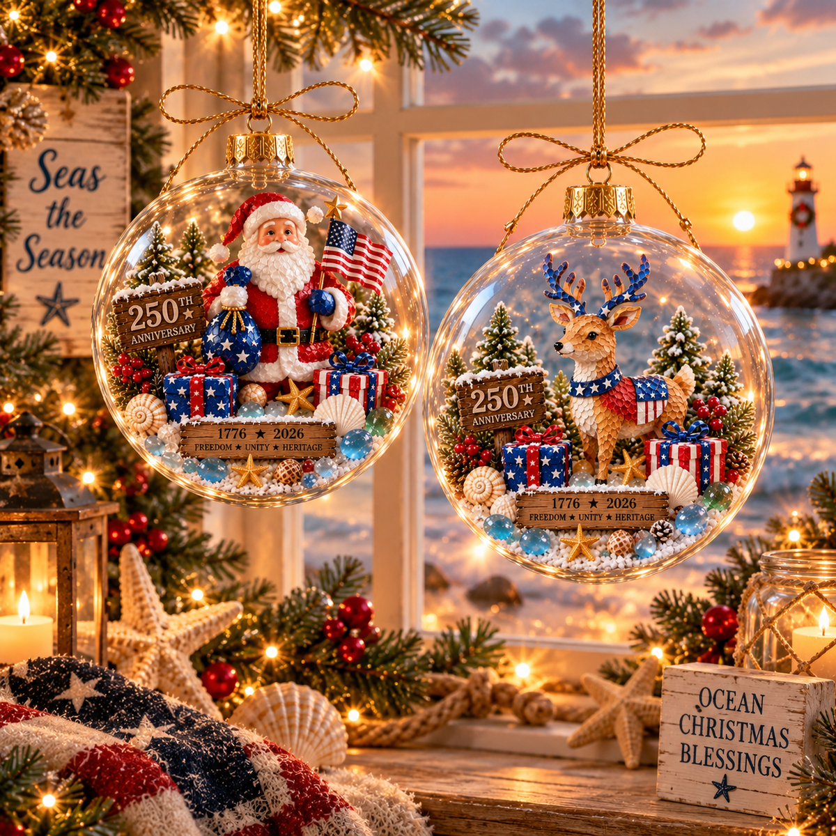 2026 250th Anniversary Ocean Christmas Series – Coastal Holiday Globe Ornament Collection with Santa, Snowman, Reindeer & Christmas Tree Keepsakes