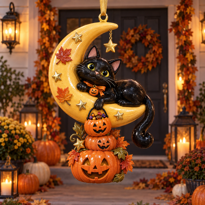Black Cat Crescent Moon Halloween Ornament -  Spooky-Cute Hanging Keepsake Collection, Festive Halloween Gift for Cat Lovers & Family