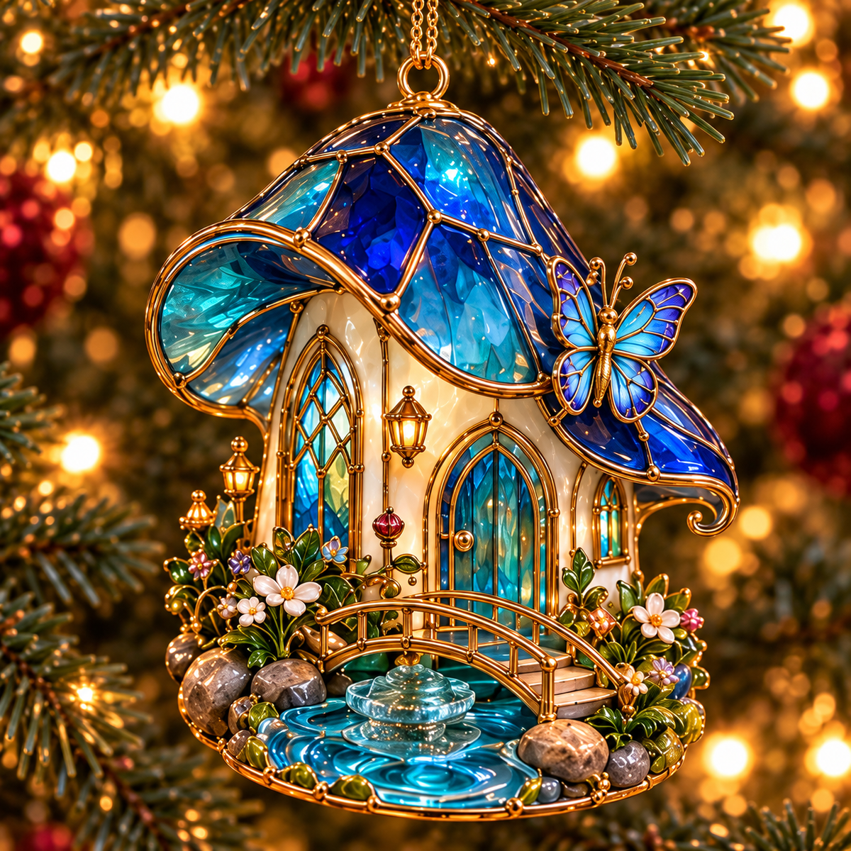 ✨ 2026 Enchanted Stained Glass Mushroom House Christmas Ornaments – Set of 6 | Fairy Cottage, Magical Forest, Moonlight Mushroom & Butterfly House Hanging Decorations | Whimsical Christmas Tree Ornaments & Fairy Garden Gifts