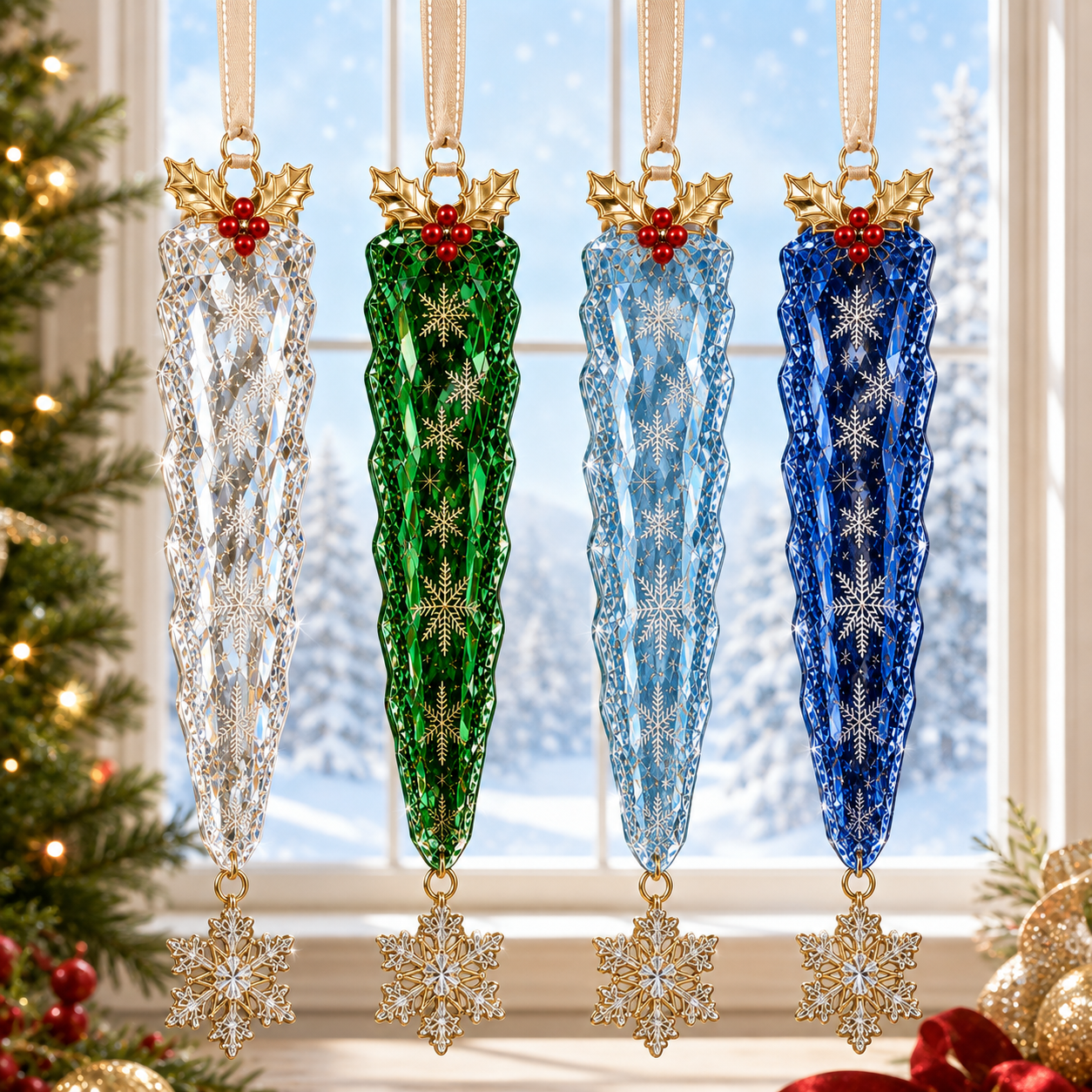 Premium Crystal Icicle Christmas Ornaments – 4-Piece Elegant Holiday Tree Decoration Set