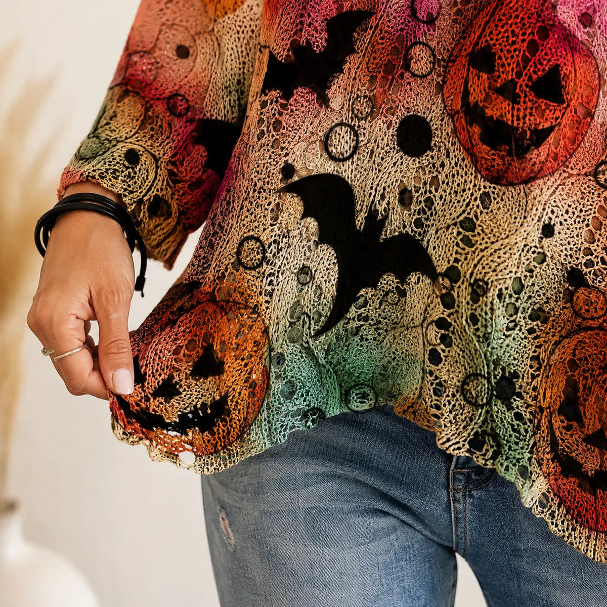 Women's Long-Sleeve Style Knitwear Piece, Halloween Pumpkin-Bat Print Casual Fall Pullover🎃 - image 13