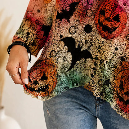 Women's Long-Sleeve Style Knitwear Piece, Halloween Pumpkin-Bat Print Casual Fall Pullover🎃 - image 13