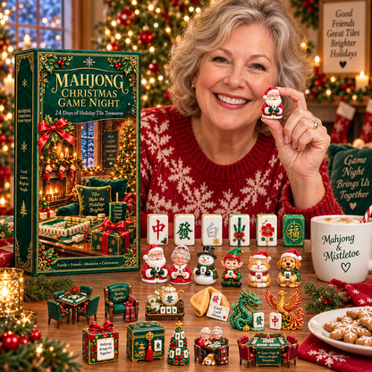 Mahjong Christmas Game Night 2026 – 24-Day Holiday Tile Treasures Countdown Calendar with 24 Unique Collectible Miniatures, Festive Gift for Mahjong Lovers & Family Game Nights
