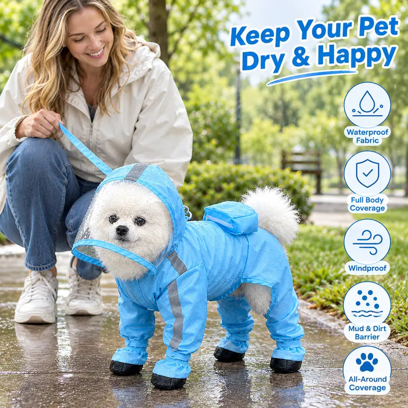 Waterproof 4-Leg Dog Raincoat with Hood & Attached Boots 🐶