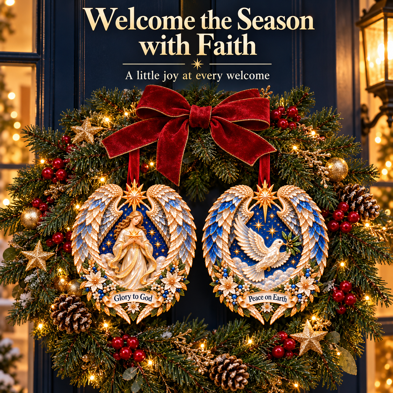 Glory to God and Peace on Earth ornaments hanging from crimson ribbons on a Christmas wreath