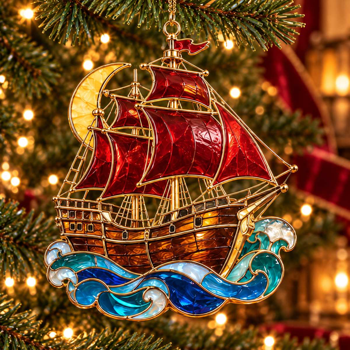 Pirate Adventures – Vintage Stained Glass-Style Christmas Ornaments, Set of 6