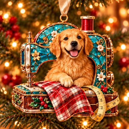 Golden Retriever Sewing-Themed Christmas Ornament