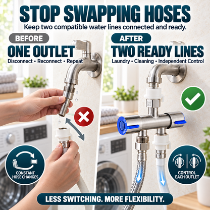 🚿 SUS 304 Dual-Control Faucet Splitter – 2-Way Hose & Washing Machine Adapter - image 2
