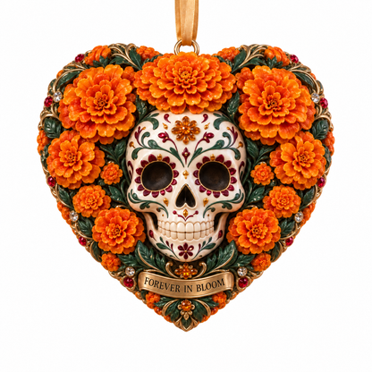 Día de Muertos Marigold Heart Ornaments –  “Forever in Our Hearts” Memorial Keepsake Collection
