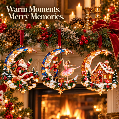 🌙 Moonlit Christmas – 6-Piece Storybook Crescent Moon Ornament Set