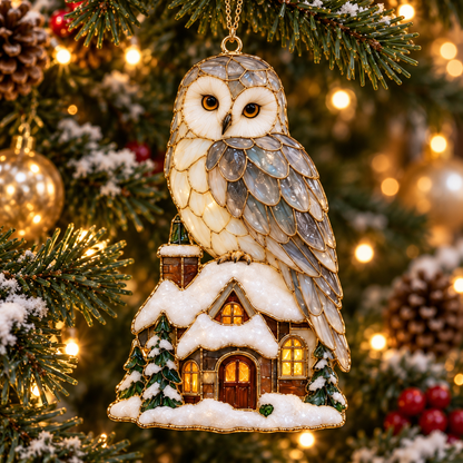 Woodland Christmas Owls – Vintage Stained Glass Style Christmas Ornaments, Set of 6