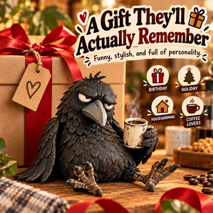 🖤 Rustic Vintage Raven Figurine with Coffee Mug – Grumpy Crow Farmhouse Tabletop Decor