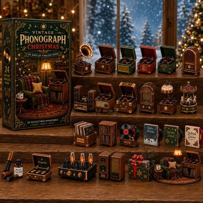 Vintage Phonograph Christmas Advent Calendar 2026 – 24 Days of Timeless Music Collectible Miniatures, Retro Record Player Countdown Gift for Music Lovers
