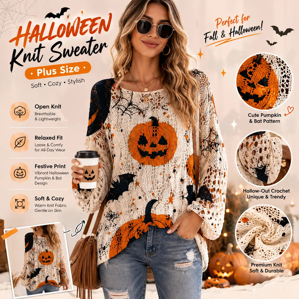 Women's Long-Sleeve Style Knitwear Piece, Halloween Pumpkin-Bat Print Casual Fall Pullover🎃 - image 6