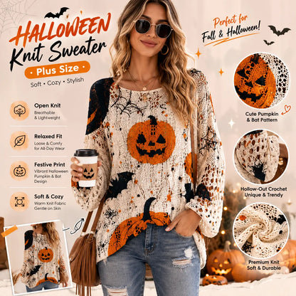 Women's Long-Sleeve Style Knitwear Piece, Halloween Pumpkin-Bat Print Casual Fall Pullover🎃 - image 6