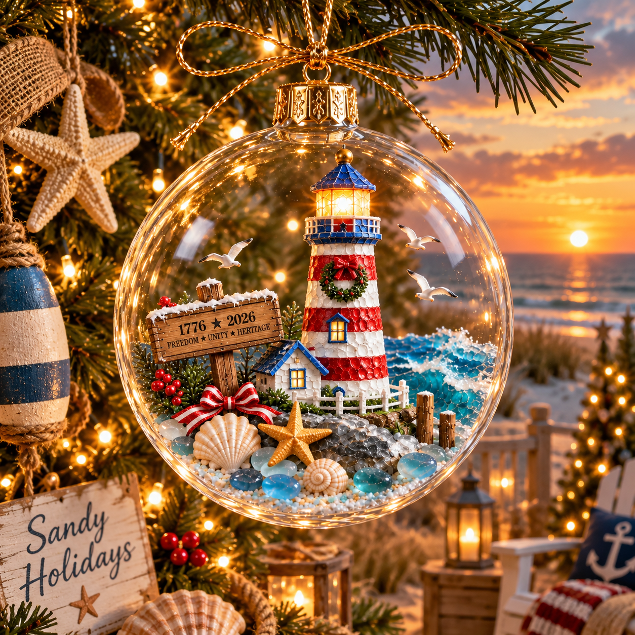 2026 250th Anniversary Ocean Christmas Series – Coastal Holiday Globe Ornament Collection with Santa, Snowman, Reindeer & Christmas Tree Keepsakes
