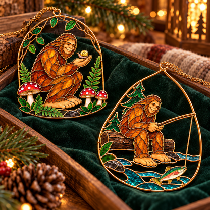 Woodland Wonders – Vintage Stained Glass Style Bigfoot Christmas Ornaments, Set of 6