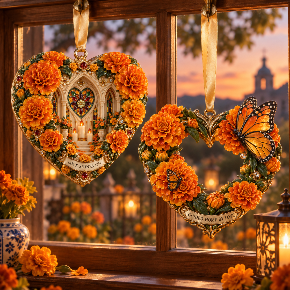 Día de Muertos Marigold Heart Ornaments –  “Forever in Our Hearts” Memorial Keepsake Collection