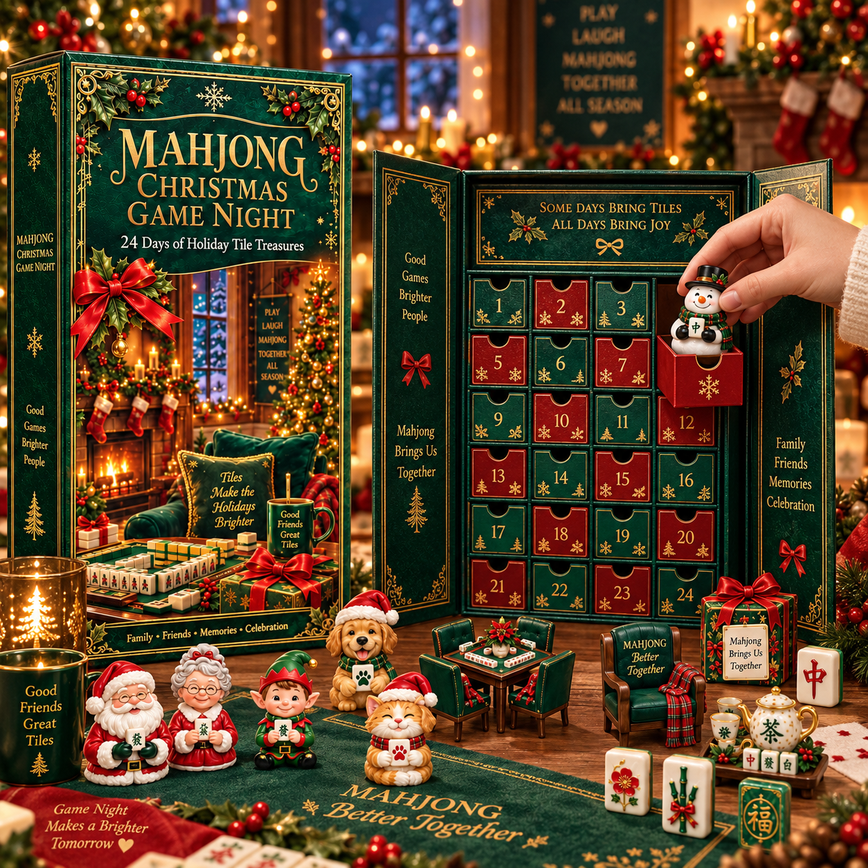 Mahjong Christmas Game Night 2026 – 24-Day Holiday Tile Treasures Countdown Calendar with 24 Unique Collectible Miniatures, Festive Gift for Mahjong Lovers & Family Game Nights