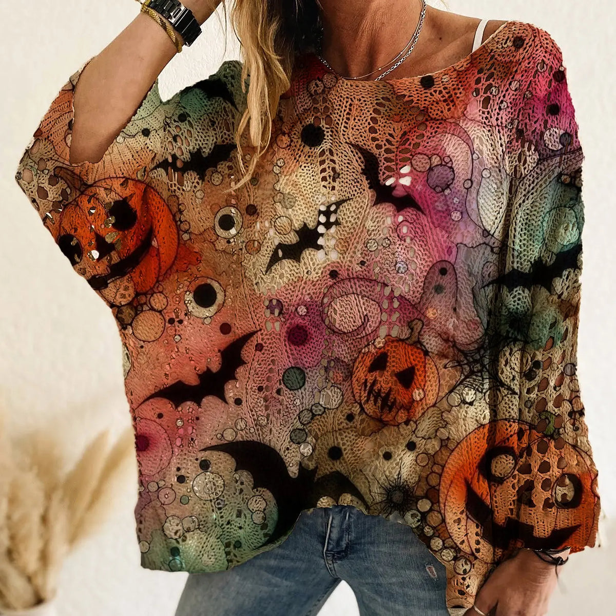 Women's Long-Sleeve Style Knitwear Piece, Halloween Pumpkin-Bat Print Casual Fall Pullover🎃 - image 17