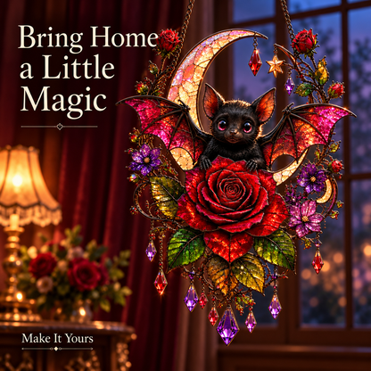 🦇 Midnight Romance – Bat, Crescent Moon & Rose Hanging Decor