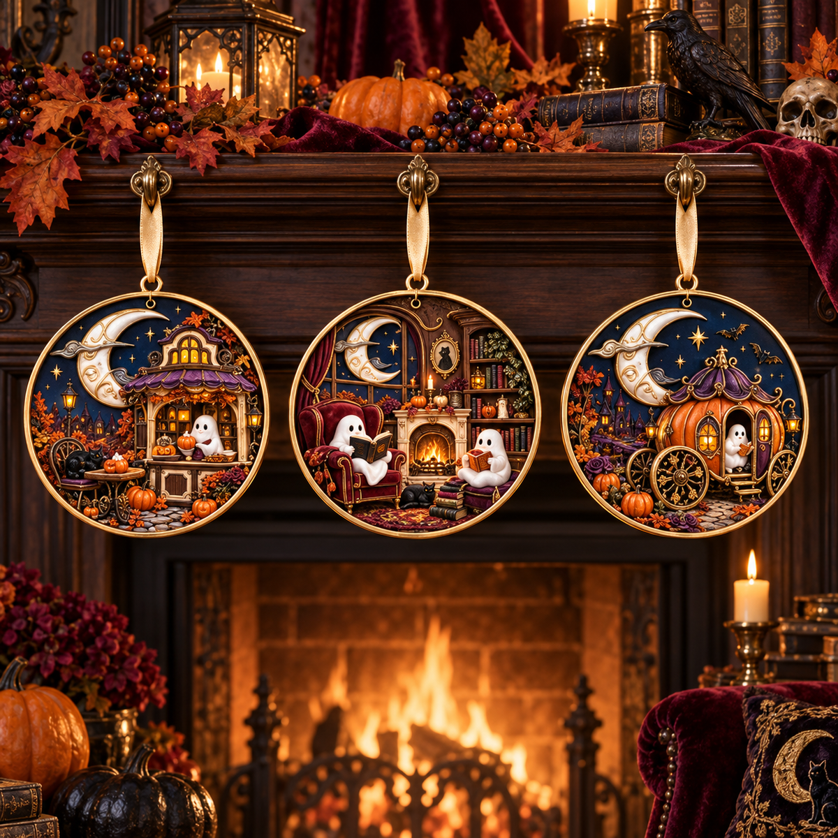 2026 Moonlit Halloween Village Hanging Ornaments – 9 Enchanting Designs with Witches, Ghosts & Pumpkin Magic
