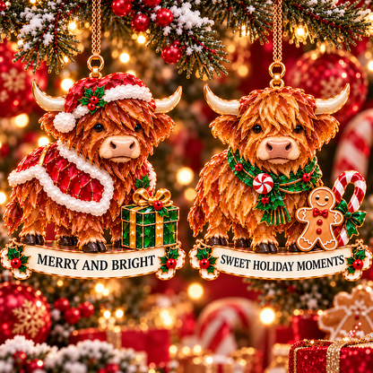 2026 Highland Cow Christmas Ornaments – 6 Festive Designs with Stained-Glass Charm & Heartwarming Wishes