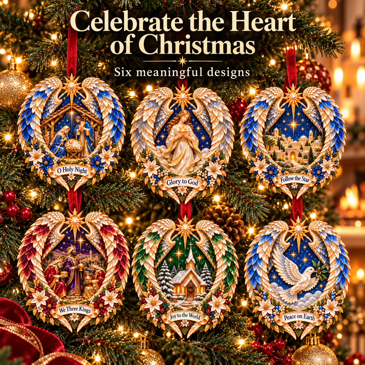 Six Wings of Faith Christian Christmas ornaments displayed on a Christmas tree