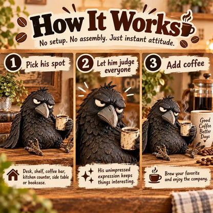 🖤 Rustic Vintage Raven Figurine with Coffee Mug – Grumpy Crow Farmhouse Tabletop Decor
