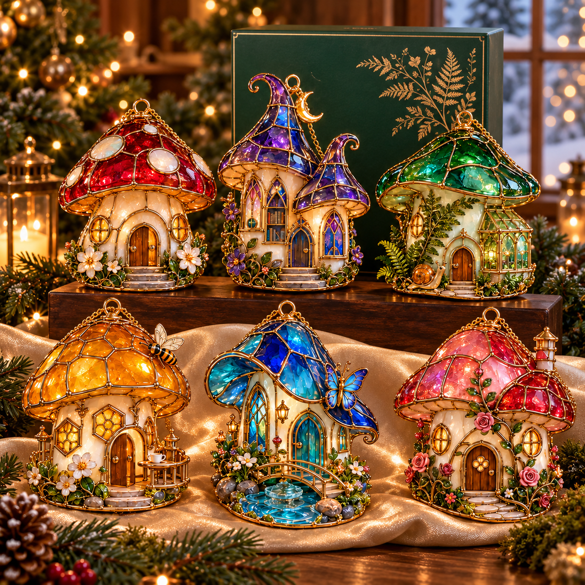 ✨ 2026 Enchanted Stained Glass Mushroom House Christmas Ornaments – Set of 6 | Fairy Cottage, Magical Forest, Moonlight Mushroom & Butterfly House Hanging Decorations | Whimsical Christmas Tree Ornaments & Fairy Garden Gifts