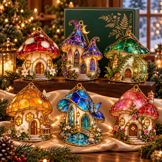✨ 2026 Enchanted Stained Glass Mushroom House Christmas Ornaments – Set of 6 | Fairy Cottage, Magical Forest, Moonlight Mushroom & Butterfly House Hanging Decorations | Whimsical Christmas Tree Ornaments & Fairy Garden Gifts
