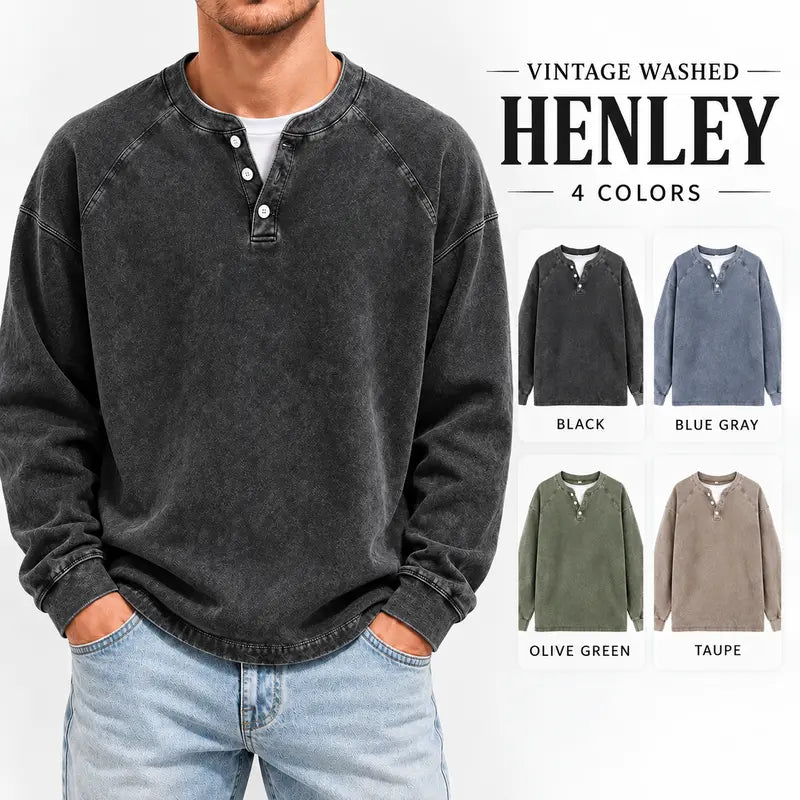 Men's Vintage Washed 3-Button Henley Long Sleeve Plain Pullover 🧥