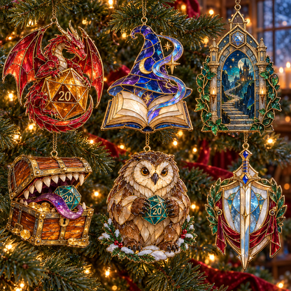 Enchanted Realms – 6-Piece Vintage Stained Glass-Style Fantasy Christmas Ornament Set