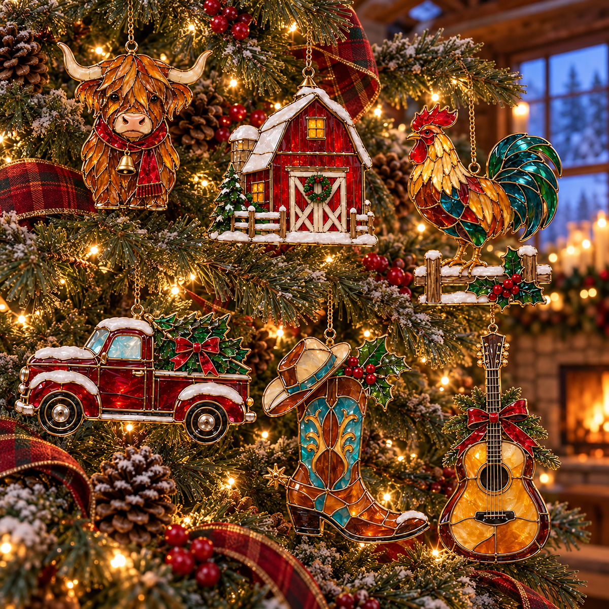 Country Christmas Charm – 6-Piece Vintage Stained Glass–Style Ornament Set