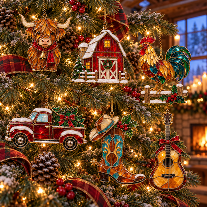 Country Christmas Charm – 6-Piece Vintage Stained Glass–Style Ornament Set