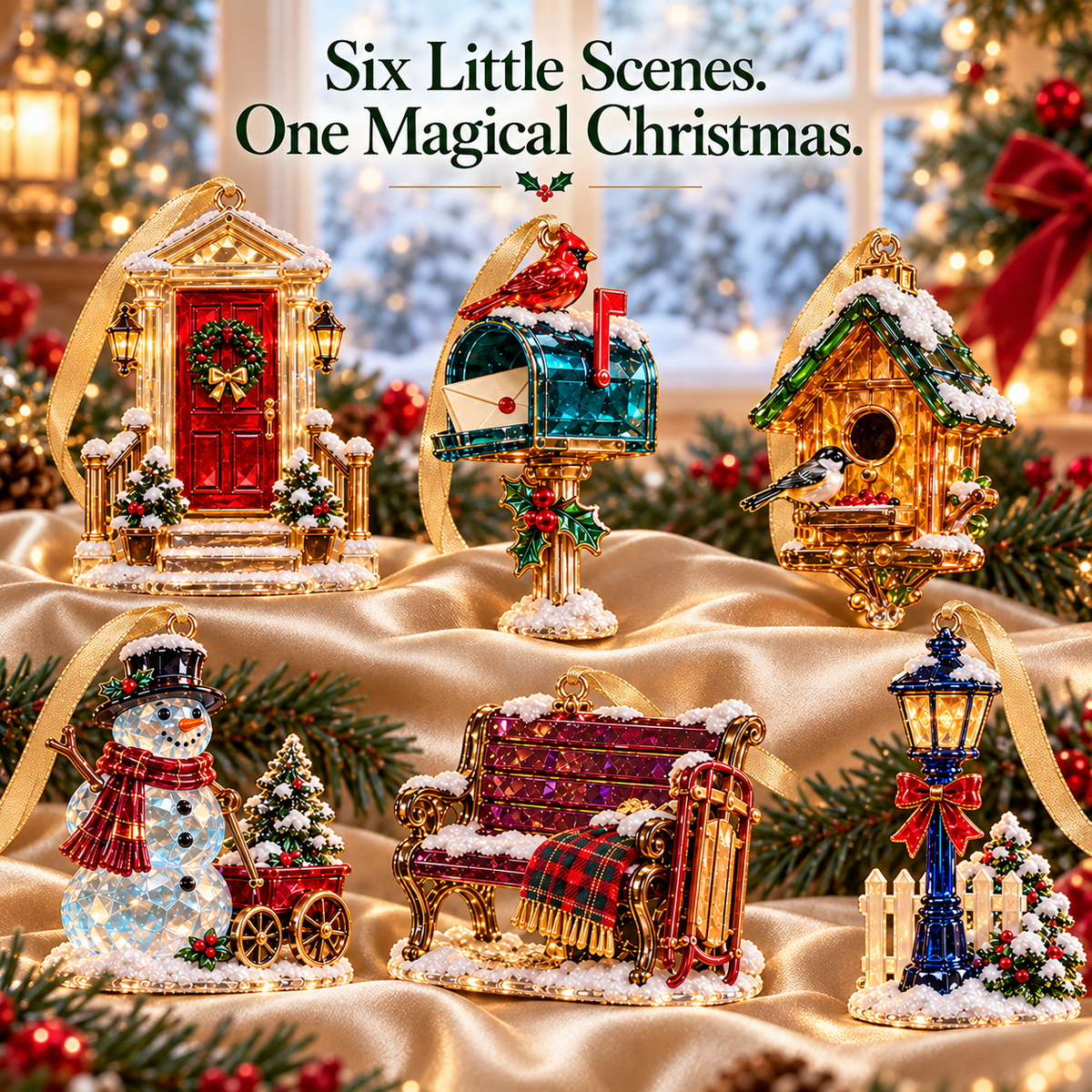 Six nostalgic Christmas winter scene ornaments together