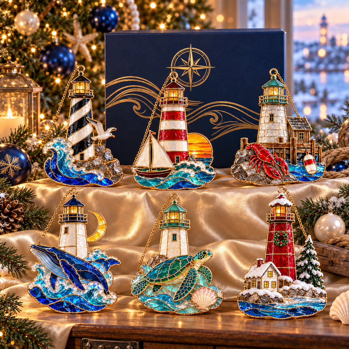 Coastal Lighthouse Christmas Ornaments – Vintage Stained Glass Style, Set of 6