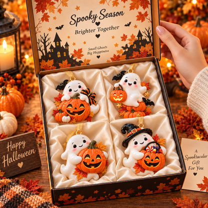 Cute Ghost & Pumpkin Halloween Ornament  –  Spooky-Cute Hanging Keepsake Collection, Fun Halloween Gift for Family & Ghost Lovers