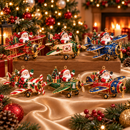 Santa’s Christmas Flight – 6-Piece Vintage Santa Airplane Ornaments Collection | Christmas Tree Decorations & Holiday Gift