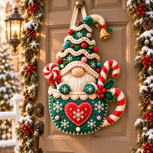 Cozy Gnome Christmas Door Hanger – Handcrafted Candy Cane & Holiday Tree Welcome Decor