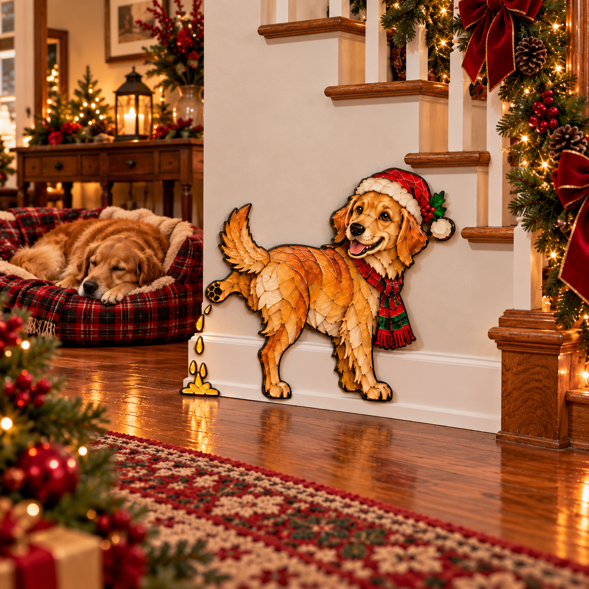 Funny Peeing Golden Retriever Christmas Decoration – Stained Glass-Style Dog Yard Art & Baseboard Decor
