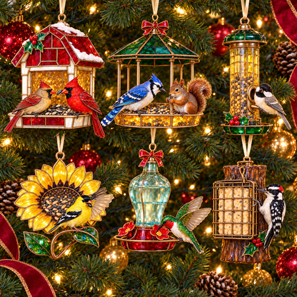 Vintage Bird Feeder Christmas Ornaments – 6-Piece Stained Glass-Style Backyard Birds Collection