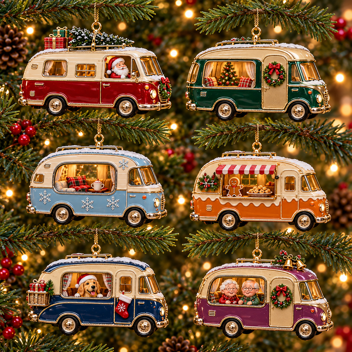 Vintage Christmas Camper Ornaments – 6-Piece Retro Holiday RV Collection | Cozy Christmas Tree Decorations & Heartwarming Keepsake Gifts