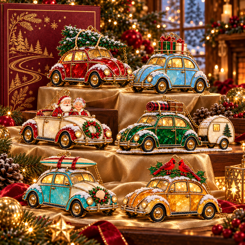 Vintage Christmas Rides – 6-Piece Stained-Glass Style Car Ornament Set