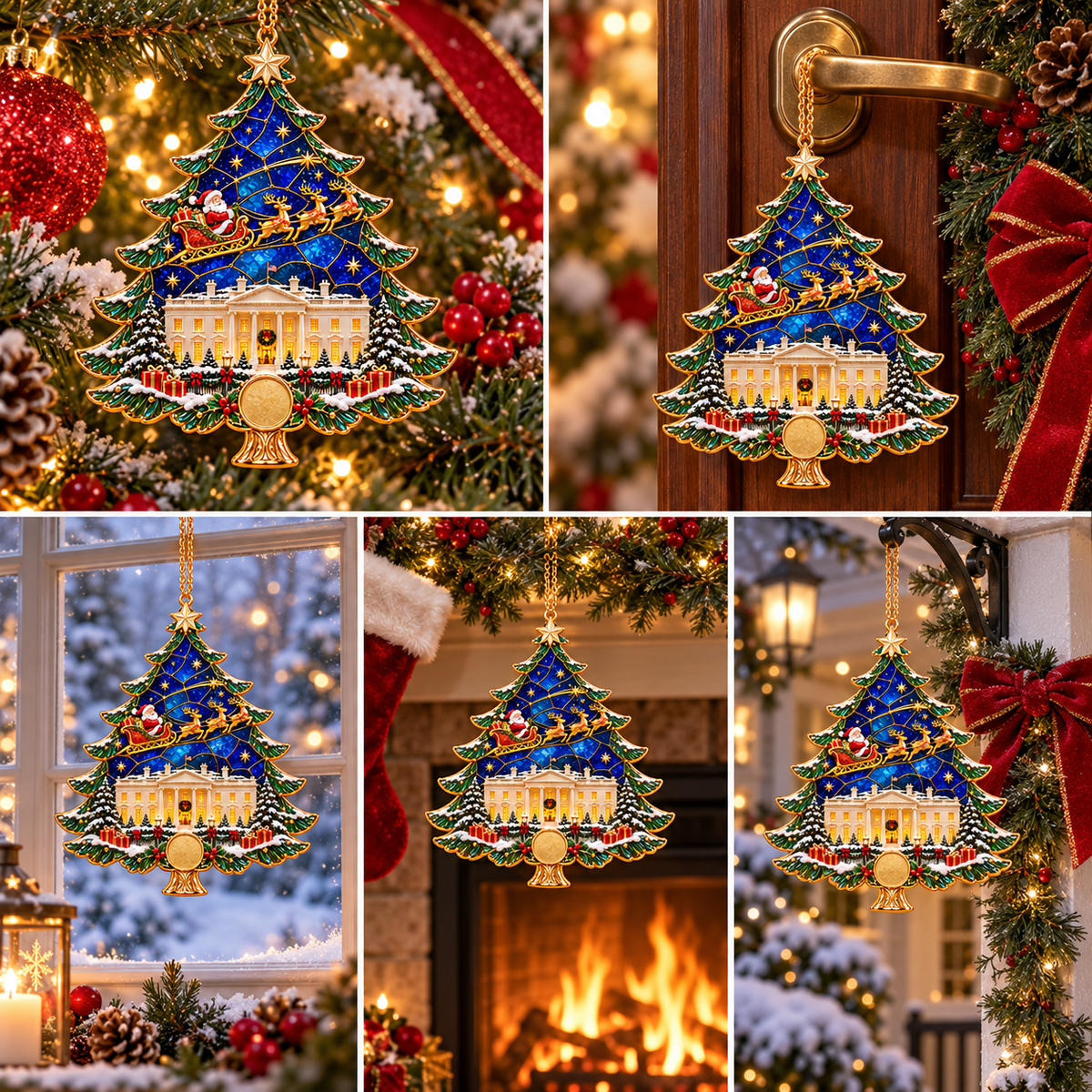 2026 250th Anniversary Stained Glass Christmas Tree Ornament – Santa Sleigh & White House Commemorative Holiday Keepsake, 1776–2026